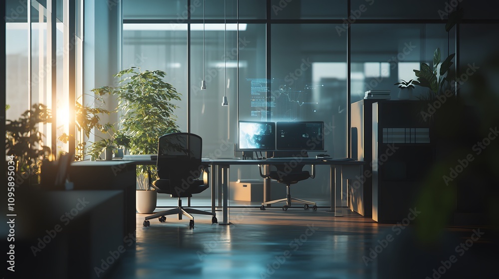 Poster A sleek office setup where holographic insights are used to optimize business strategies. 4k resolution, Cinematic Scene