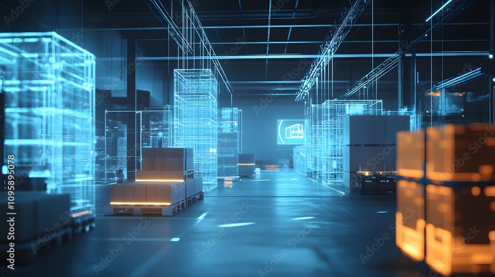 Poster A collaborative workspace featuring holographic tools for visualizing supply chain efficiency. 4k resolution, Cinematic Scene