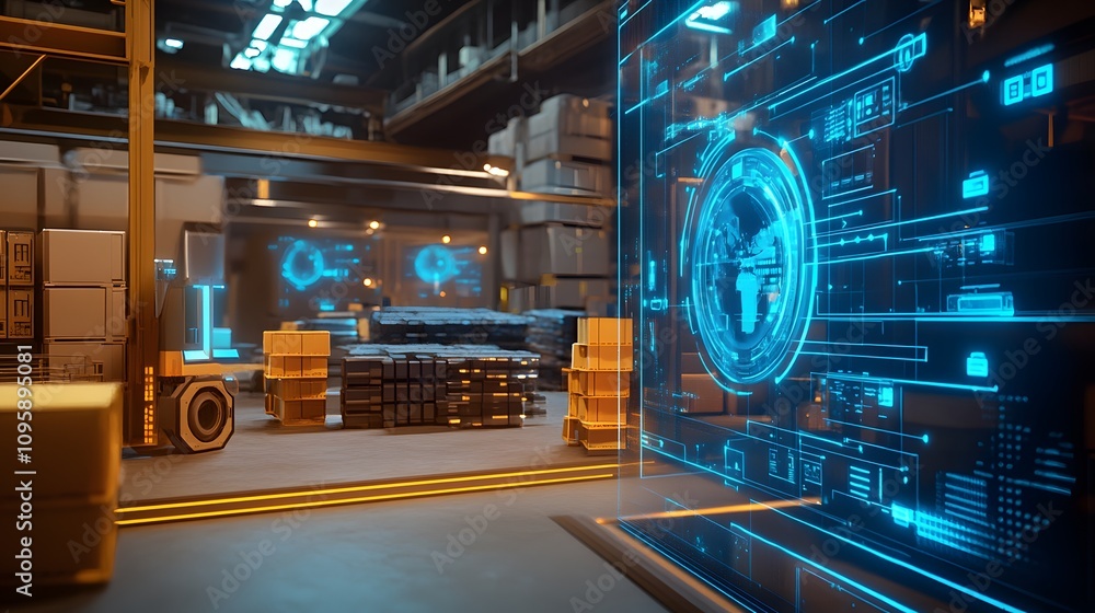 Poster a collaborative workspace featuring holographic tools for visualizing supply chain efficiency. 4k re