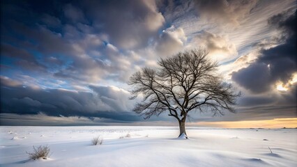 Solitary tree in a snowy landscape under a dramatic sky