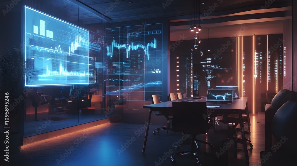 Aufkleber a hybrid coworking hub where holographic tools display dynamic financial reports for team discussion