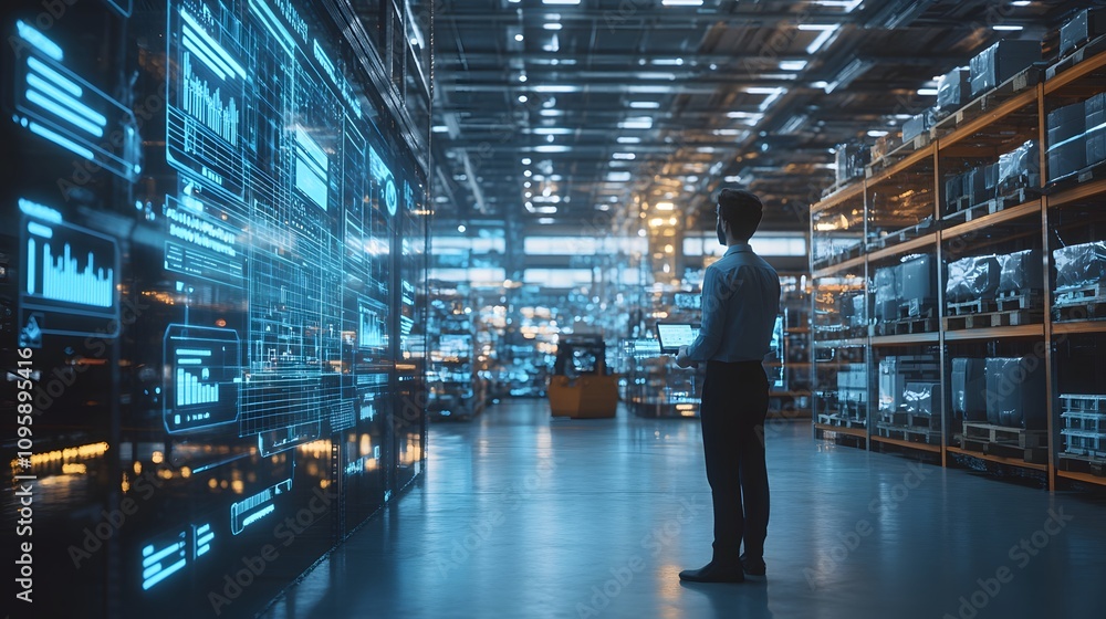 Poster A futuristic coworking hub showcasing holographic interfaces for analyzing supply chain logistics. 4k resolution, Cinematic Scene