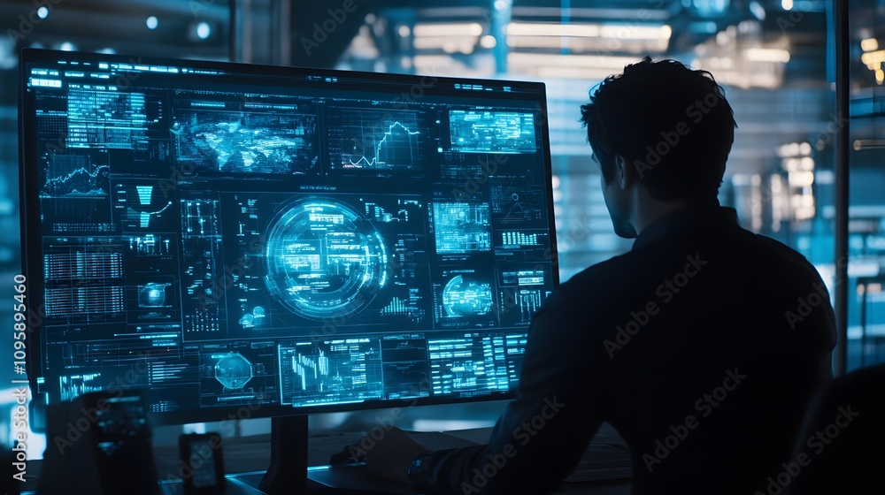 Poster A professional using holographic interfaces to track key performance indicators in a futuristic workspace. 4k resolution, Cinematic Scene