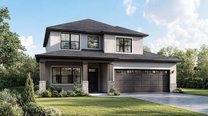 Modern Two-Story House with Garage and Landscaping