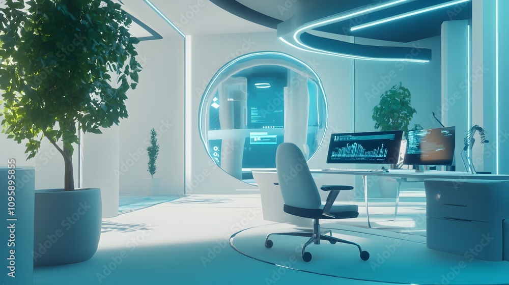 Aufkleber A futuristic office in the metaverse where avatars use interactive tools for project tracking and execution. 4k resolution, Cinematic Scene