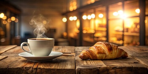 Warm Coffee and Buttery Croissant on Rustic Wooden Table in Cozy Bakery Setting © Kukar Studio