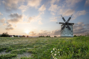 Windmill with wooden wings in a landscape setting. Fields, meadows and flowers appear in the sunset. Landscape shot in nature with a mill. historically untypical for the Balaton region in Hungary