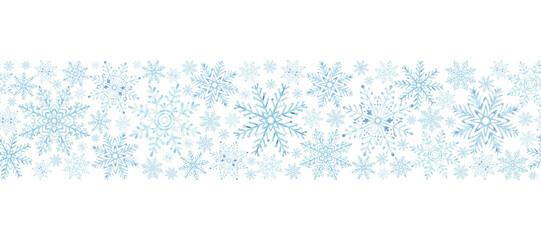 Blue snowflakes seamless border. Hand drawn watercolor illustration. Ice stars background for Christmas or New Year. Winter holiday snowing endless backdrop. Template for wallpaper, wrapping, fabric.