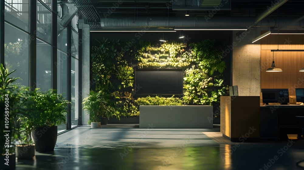 Poster A sustainable workspace featuring IoT-powered vertical gardens monitoring air quality in real-time. 4k resolution, Cinematic Scene