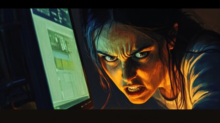 A woman with an angry expression, glaring at a computer screen, her face lit by the glow of the monitor.