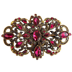 A beautifully designed brooch featuring intricate patterns and vibrant pink gemstones set in ornate...