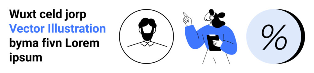 Man with tablet pointing, percentage symbol, male avatar. Ideal for business presentations, educational materials, financial reports, online courses, marketing strategies, web design, apps. Landing