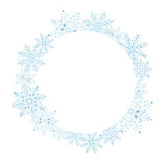 Blue snowflakes round frame. Christmas wreath template with copy space. Hand drawn watercolor illustration for New Year holiday design. Isolated clipart for postcard, scrapbooking, wrapping, cover.