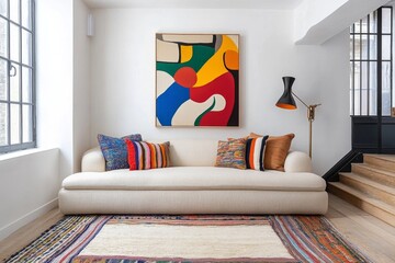 An eclectic apartment with a mix of colorful rugs, mismatched furniture, and vintage lamps creating a cozy atmosphere