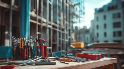A workbench filled with DIY construction tools like wrenches, pliers, and screws, all ready for a Labor Day project, with the skeletal frame of a building visible behind.