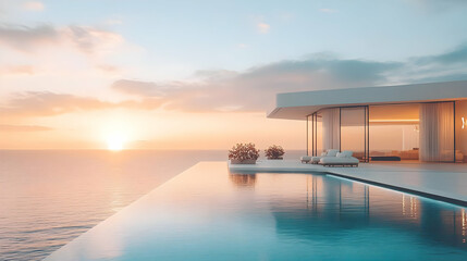 Modern House with Infinity Pool and Ocean View at Sunset - 3D Illustration