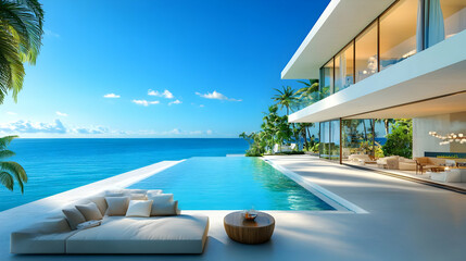 Fototapeta premium Modern Villa with Infinity Pool and Ocean View - 3D Illustration