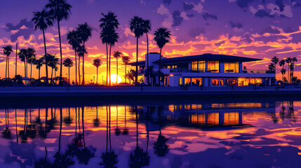 Obraz premium Sunset Palm Trees House Illustration