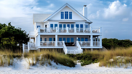 White Beach House with Large Deck and Sand Dunes -  Realistic Image