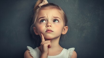 Fototapeta premium A young girl showing confusion, her brow furrowed, and her finger tapping on her chin.