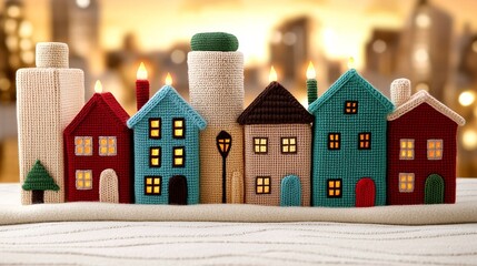 Obraz premium Cozy Crochet Christmas Village Illuminated Houses Winter Scene Holiday Decorations