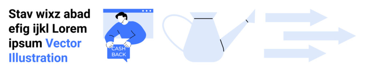 Man using feedback tool, watering can, and arrows. Ideal for feedback systems, digital marketing, content strategies, SEO optimization, web analytics, business growth, and educational resources