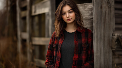 Naklejka premium Model in casual flannel jacket over T-shirt, standing by a rustic wooden fence - Natural light, relaxed style