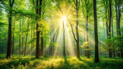 Obraz premium Sunbeams Illuminate a Verdant Forest Landscape with Lush Green Undergrowth