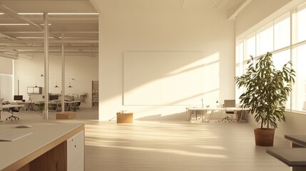 An open office layout with white walls, modern desks, and minimal clutter, with a large blank wall standing ready for mock-up designs or artwork.