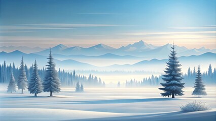 Serene Winter Landscape Snow-Covered Pines and Misty Mountains at Dawn