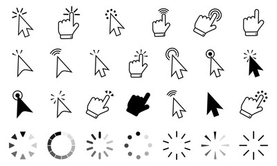 Pointer click icon. Clicking cursor, pointing hand clicks and waiting loading icons. Website arrows or hands cursors tools, computer interface button. Vector isolated symbols collection