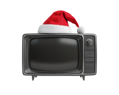 a black television with a red and white hat on top