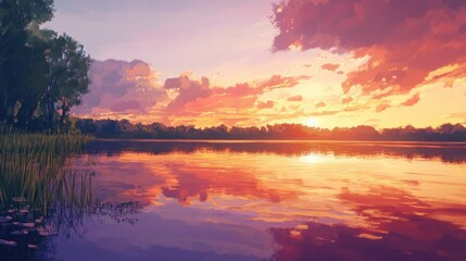 Obraz premium Sunset sky over a tranquil lake, with warm colors reflecting on the water surface