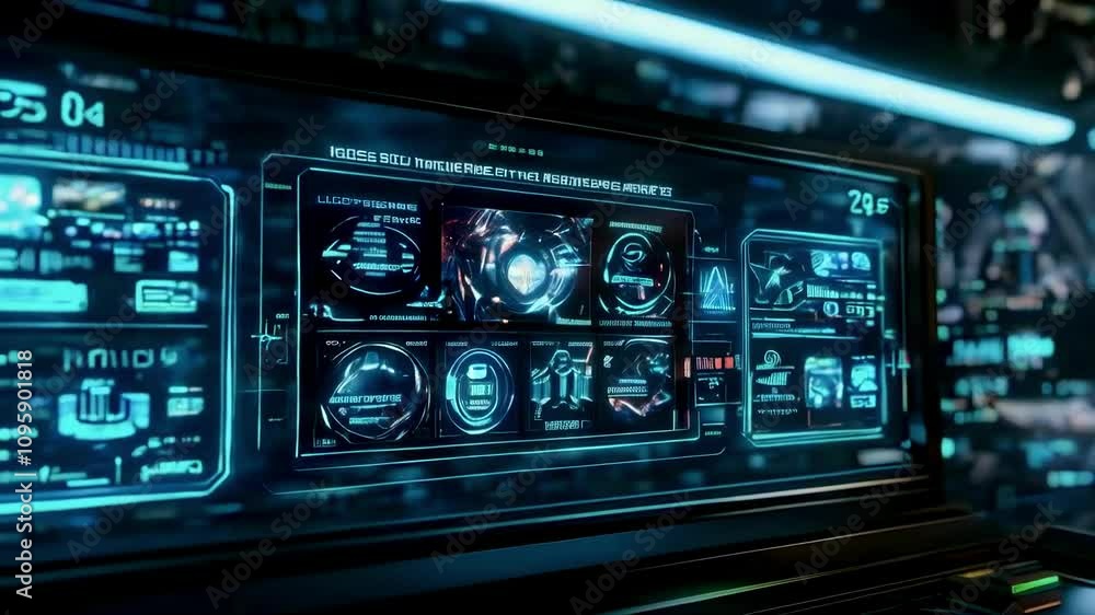 Poster futuristic control panel with glowing interface and data displays.