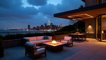 Fototapeta premium A modern outdoor patio with a cozy seating area, a fire pit, and a stunning night view of the city skyline
