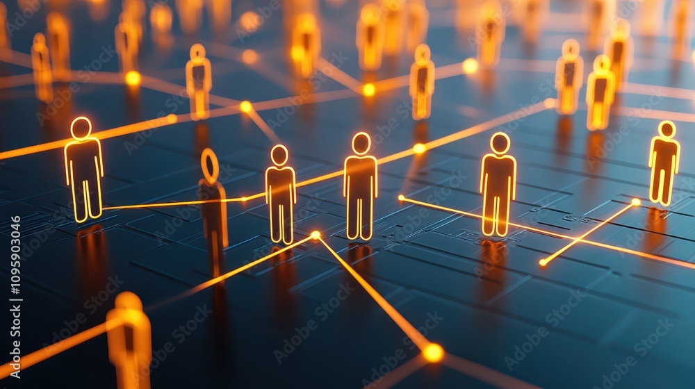 Poster people traversing digital circuit, visual representation of technological inter connectedness and in