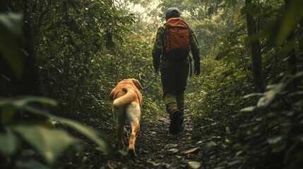 A search dog leading a rescue worker through a dense forest, tracking the scent of a missing person.