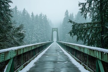 Obraz premium a long bridge with snow-covered railings surrounded by a winter landscape