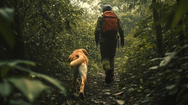 A search dog leading a rescue worker through a dense forest, tracking the scent of a missing person.