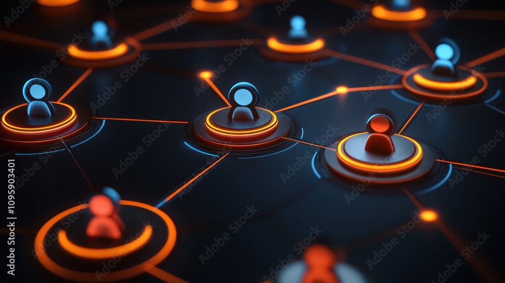 Poster interconnected circles and a red dot, dynamic network visualization in orange blue