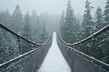 a long bridge with snow-covered railings surrounded by a winter landscape