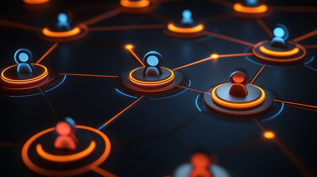 Interconnected circles and a red dot, dynamic network visualization in orange blue