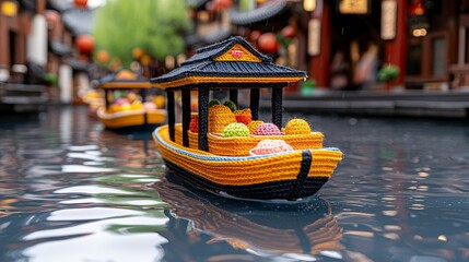 Obraz premium Cute Knitted Boat on Water Asian Canal Colorful Yarn Craft