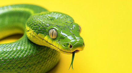 Fototapeta premium Bright green snake poses against a vibrant yellow backdrop, showcasing its scales and unique features while flicking its tongue for sensory exploration