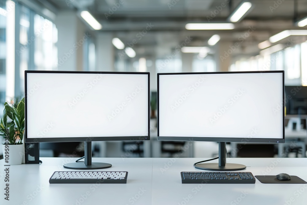 Poster modern office workspace with two blank computer monitors