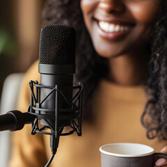 Recording session with black condenser microphone home studio audio content intimate environment close-up view creative process