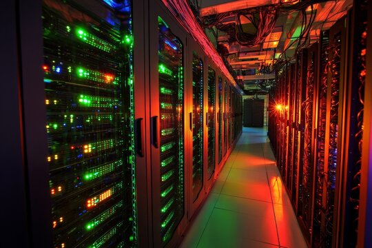 A server room filled with racks of powerful servers processing vast amounts of data, with glowing LED lights and data cables visible.