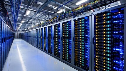 A server room with rows of high-performance computers and servers, processing vast amounts of data for analysis.