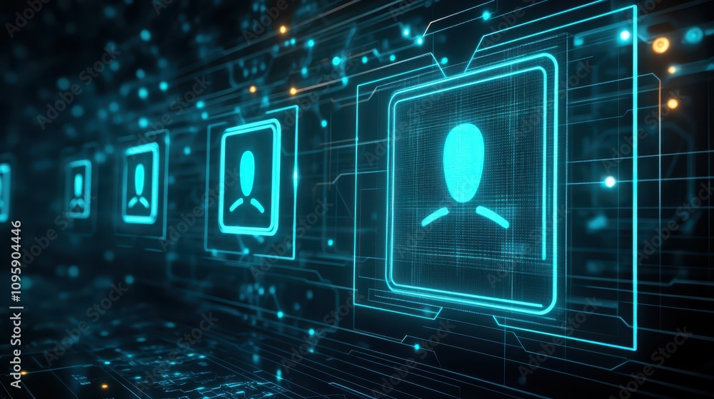 Poster futuristic biometric security, blue glowing fingerprint scanner interface for enhanced digital acces
