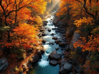 Aerial view of Little River, Smoky Mountains, autumn colors.